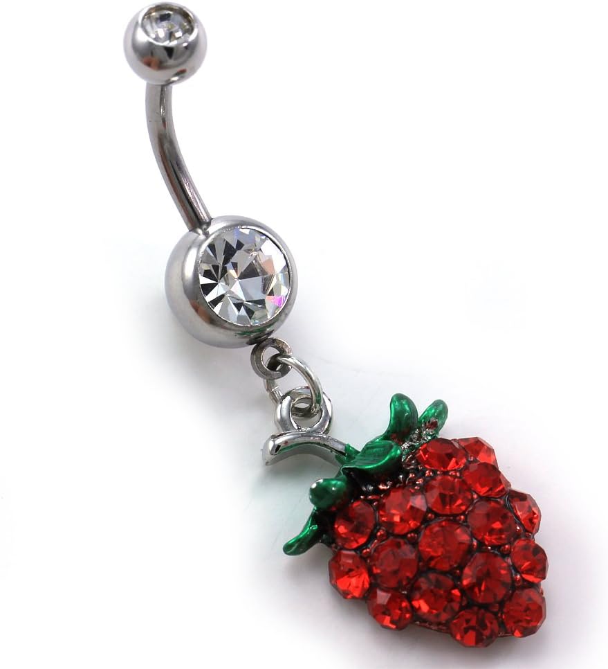 316L 14 Gauge Red Strawberry Fruit Belly Barbell Button Navel Ring Surgical Steel - QIAO CrystalQIAO CrystalQIAO Crystal