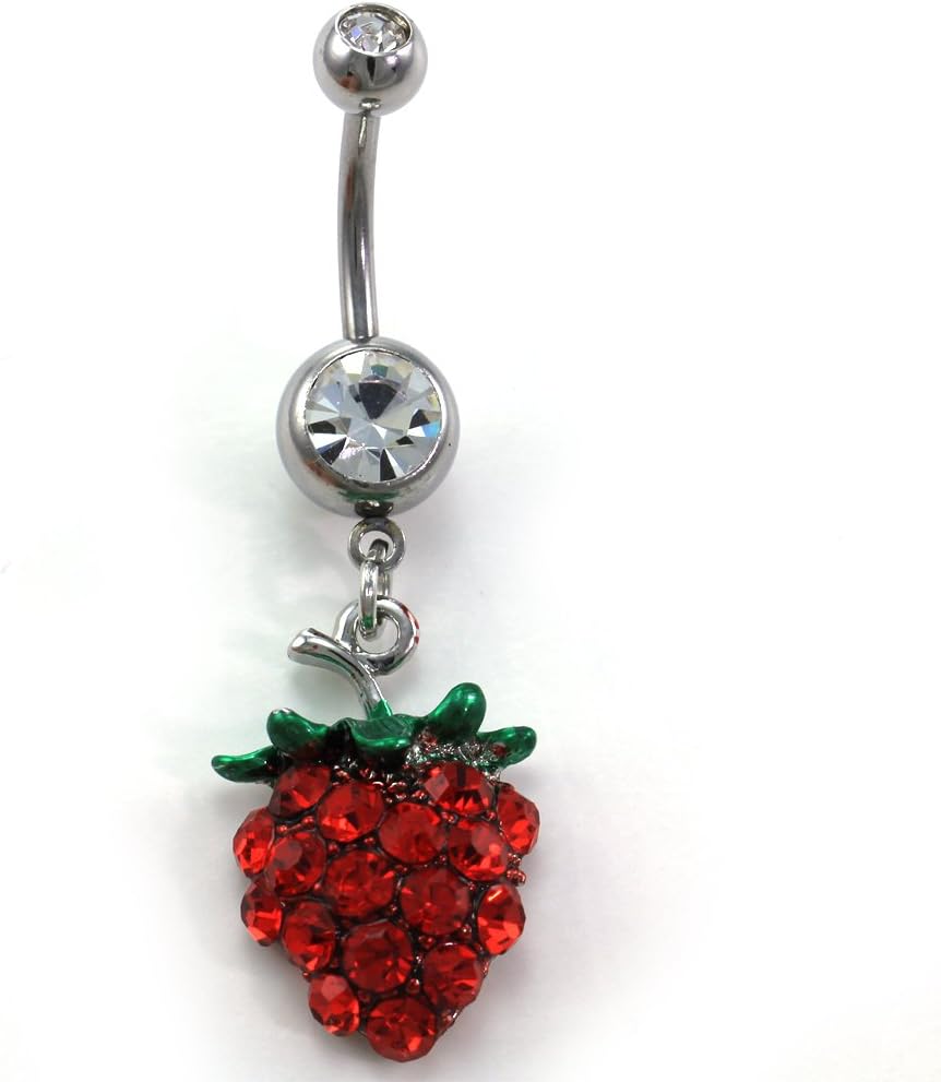 316L 14 Gauge Red Strawberry Fruit Belly Barbell Button Navel Ring Surgical Steel - QIAO CrystalQIAO CrystalQIAO Crystal
