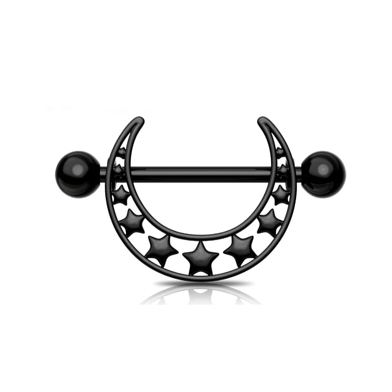14G 316L Black Nipple Rings Stainless Steel Moon Barbell Pattern Piercing