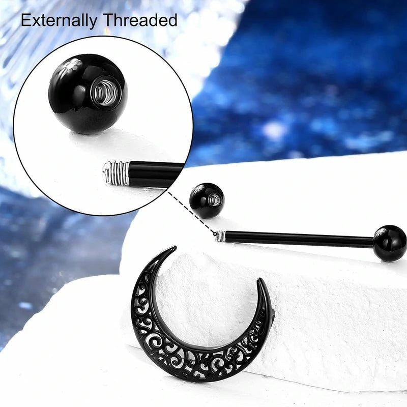 14G 316L Black Nipple Rings Stainless Steel Moon Barbell Pattern Piercing