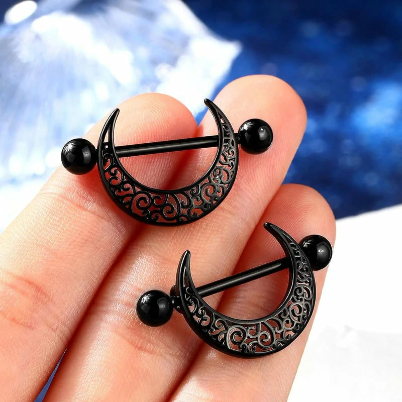 14G 316L Black Nipple Rings Stainless Steel Moon Barbell Pattern Piercing