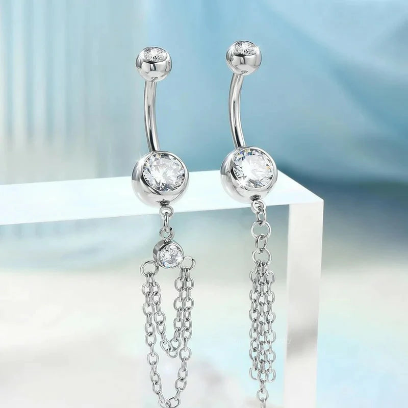 316L Stainless Steel 14G Chain Dangle with CZ Crystal Navel Belly Rings