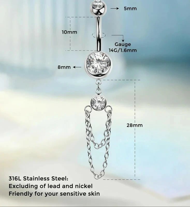 316L Stainless Steel 14G Chain Dangle with CZ Crystal Navel Belly Rings