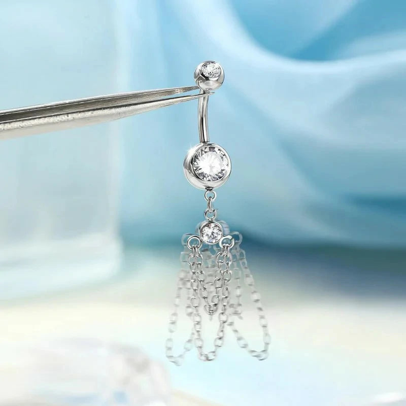 316L Stainless Steel 14G Chain Dangle with CZ Crystal Navel Belly Rings