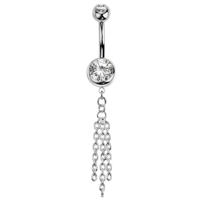 316L Stainless Steel 14G Chain Dangle with CZ Crystal Navel Belly Rings
