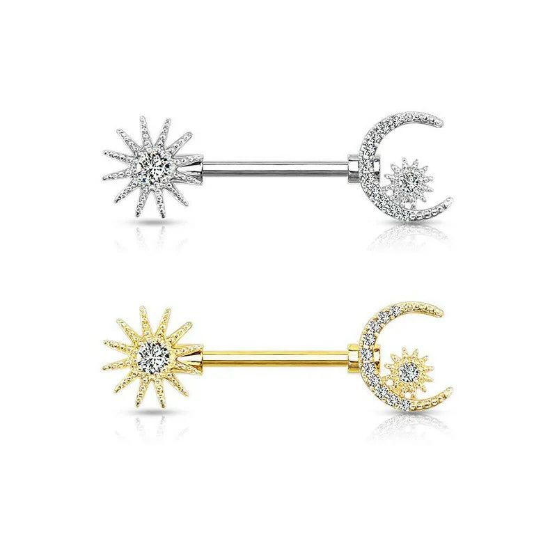 14GA 316L Stainless Steel Crystal Sun Crescent Moon and Star Nipple Barbell Rings