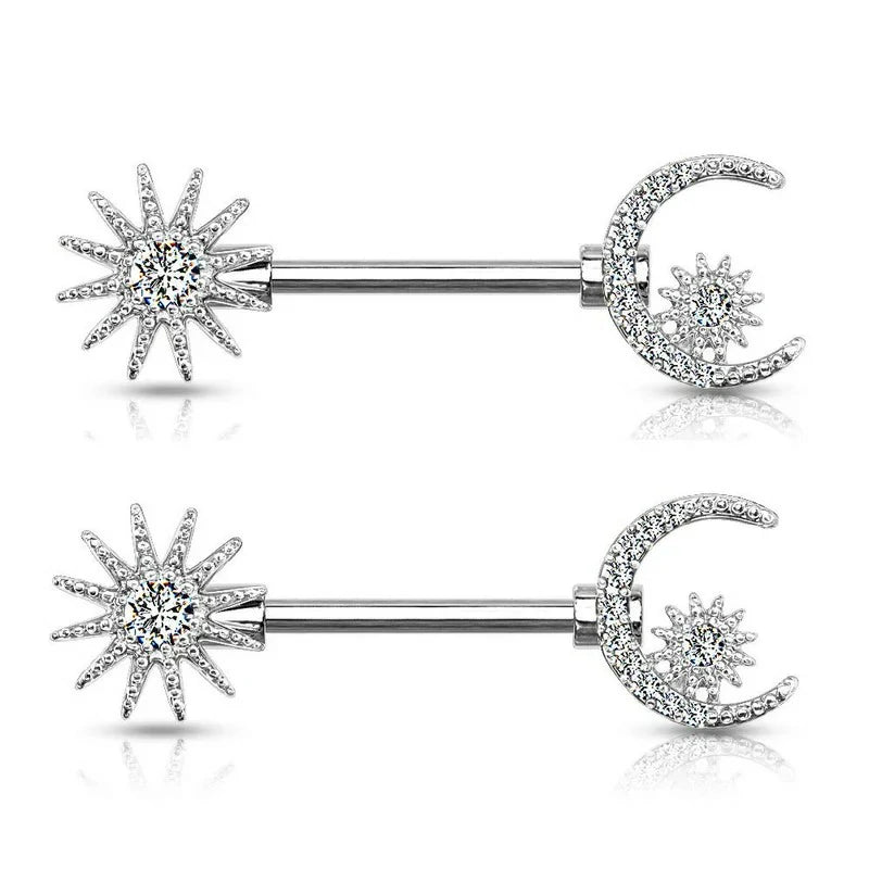 14GA 316L Stainless Steel Crystal Sun Crescent Moon and Star Nipple Barbell Rings