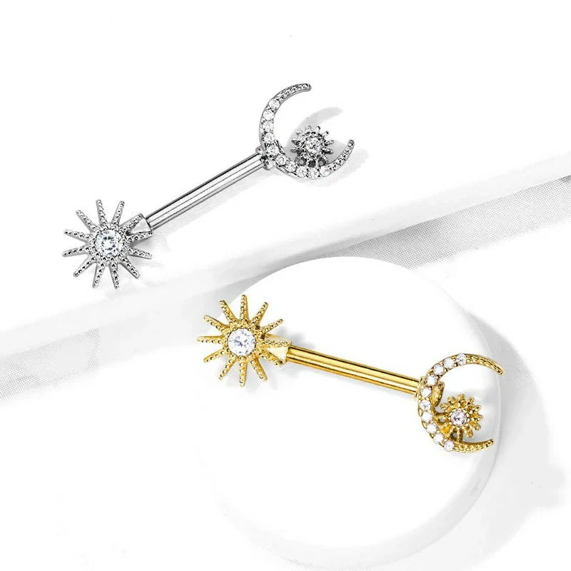 14GA 316L Stainless Steel Crystal Sun Crescent Moon and Star Nipple Barbell Rings