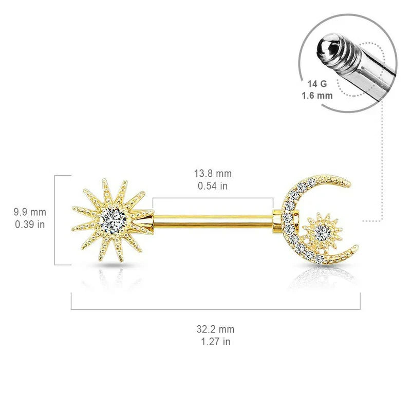 14GA 316L Stainless Steel Crystal Sun Crescent Moon and Star Nipple Barbell Rings