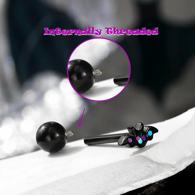 14G 316L Stainless Steel Threaded Black Halloween Bat Spider Tongue Bar Piercing Jewelry