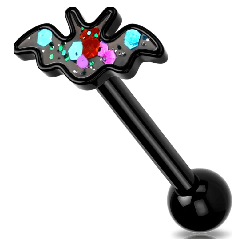 14G 316L Stainless Steel Threaded Black Halloween Bat Spider Tongue Bar Piercing Jewelry