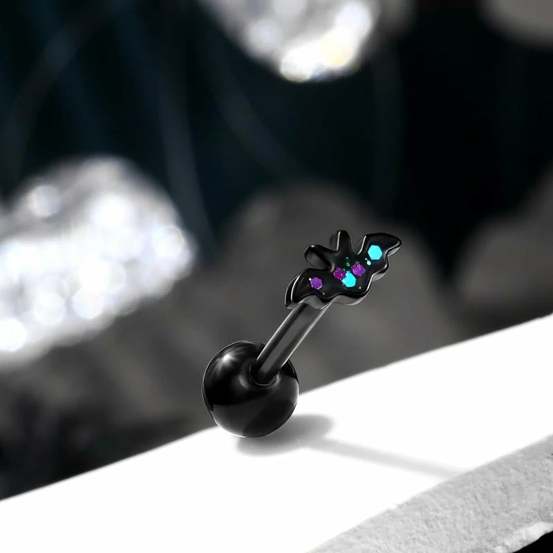 14G 316L Stainless Steel Threaded Black Halloween Bat Spider Tongue Bar Piercing Jewelry