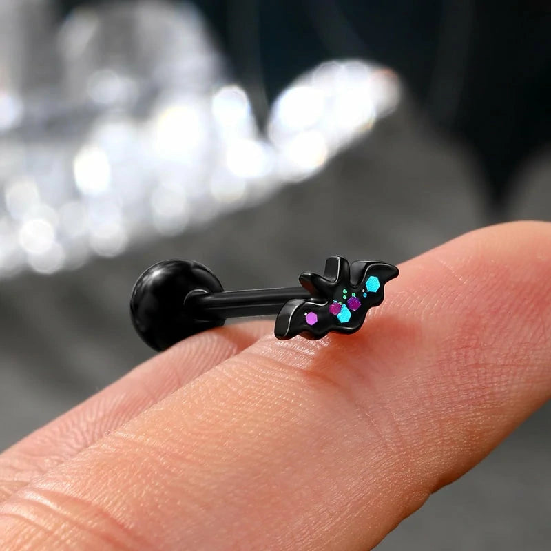 14G 316L Stainless Steel Threaded Black Halloween Bat Spider Tongue Bar Piercing Jewelry