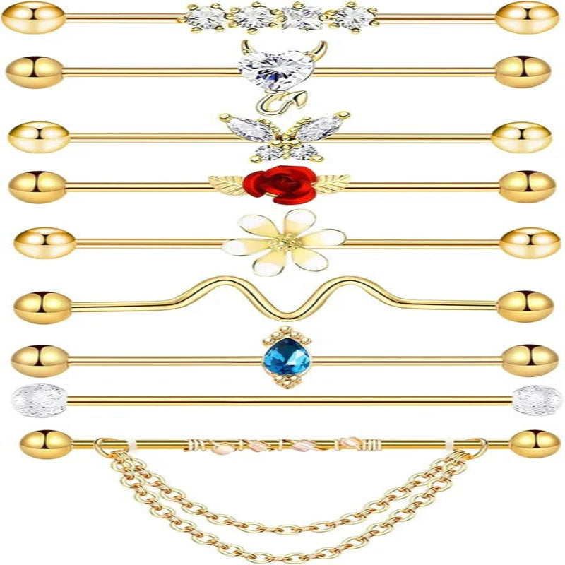 9pcs Gold Industrial 38mm Stainless Steel 14G Industrial Barbell Earrings Ear Cartilage Helix-Conch