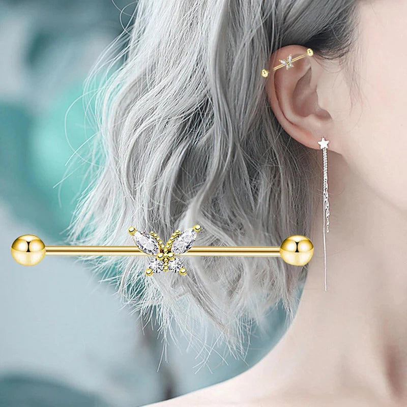 9pcs Gold Industrial 38mm Stainless Steel 14G Industrial Barbell Earrings Ear Cartilage Helix-Conch