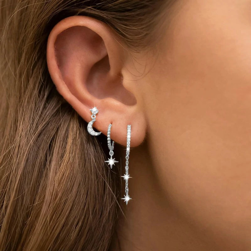 3Pairs Earrings Set Silver Moon Star CZ Butterfly Green Dainty Stud Hoop Earrings