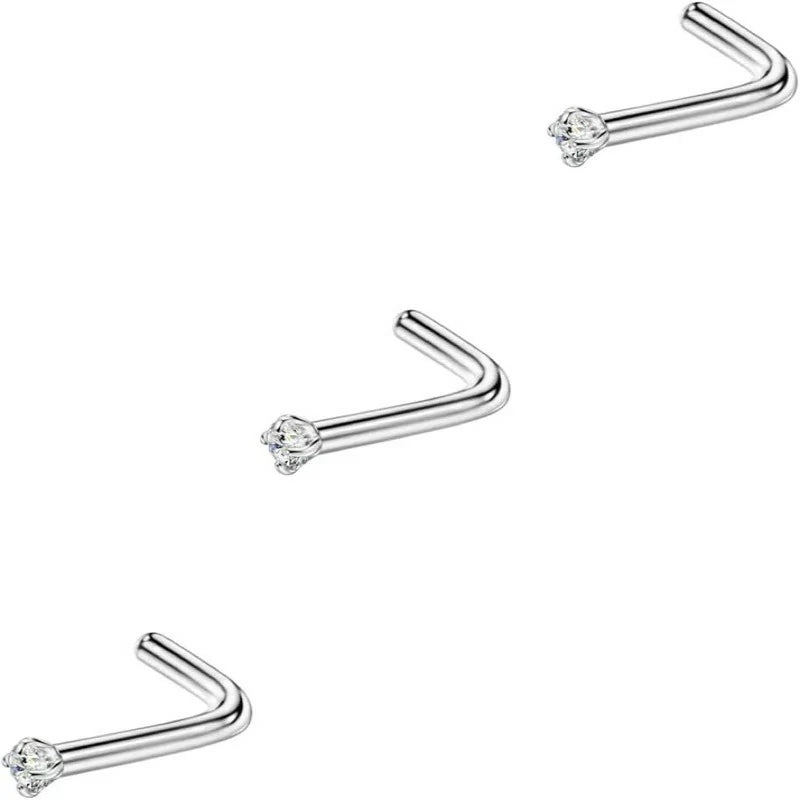 3 Pieces CZ Nose Studs L Shape Nose Rings Studs Surgical Steel Nostril