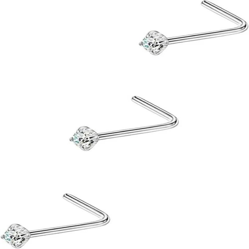 3 Pieces CZ Nose Studs L Shape Nose Rings Studs Surgical Steel Nostril