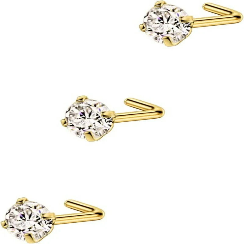 3 Pieces CZ Nose Studs L Shape Nose Rings Studs Surgical Steel Nostril
