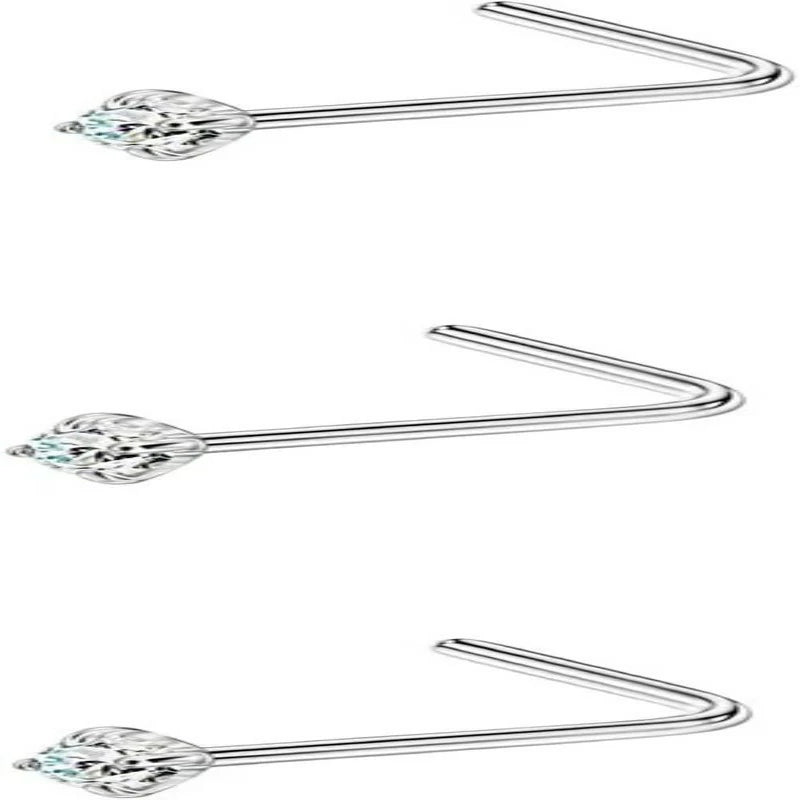3 Pieces CZ Nose Studs L Shape Nose Rings Studs Surgical Steel Nostril