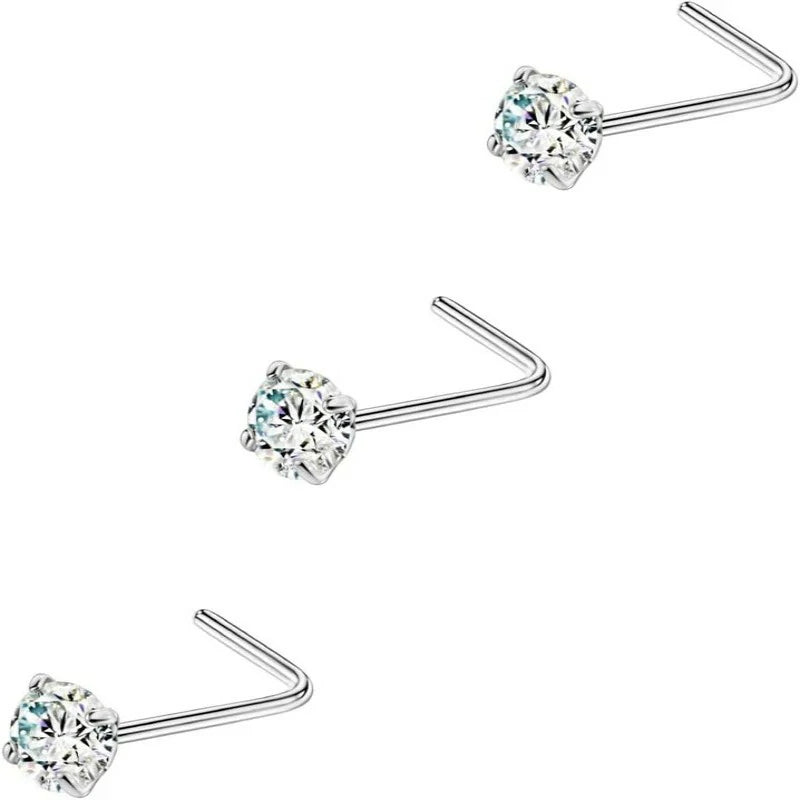 3 Pieces CZ Nose Studs L Shape Nose Rings Studs Surgical Steel Nostril