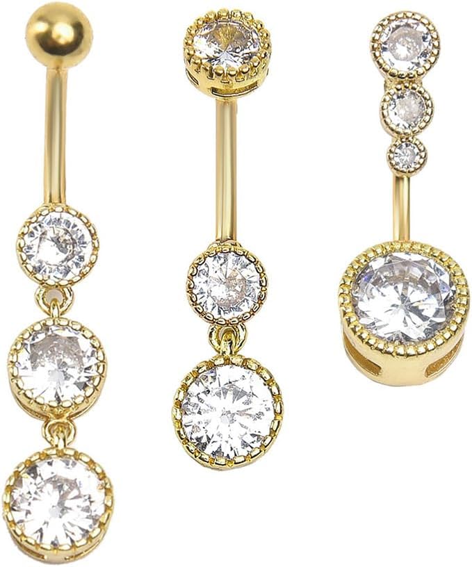 3Pcs 14G Stainless Steel Dangle Zirconia Heart Star Round Belly Navel Barbell Rings Belly - QIAO CrystalQIAO CrystalQIAO Crystal