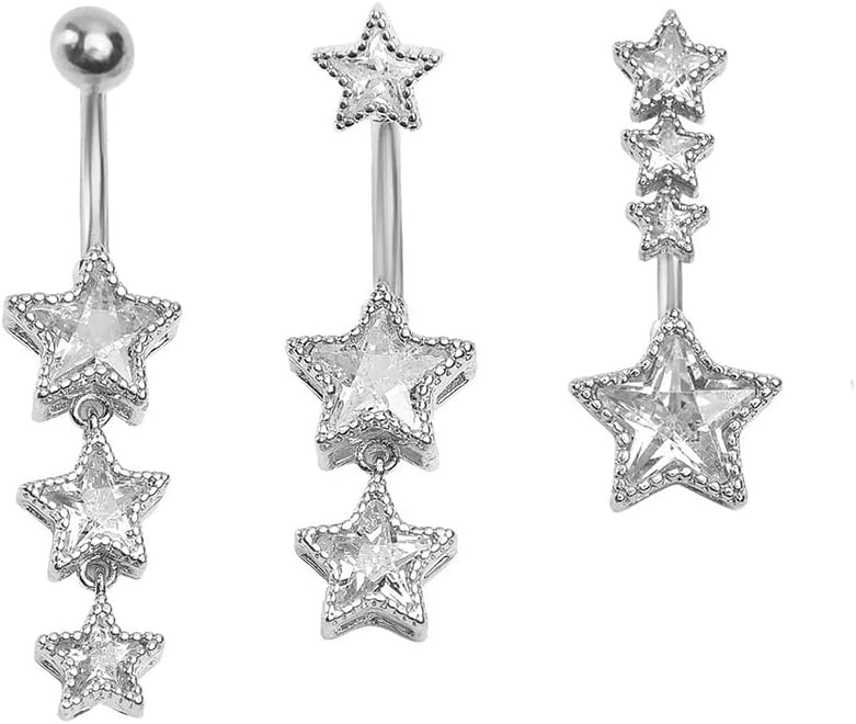 3Pcs 14G Stainless Steel Dangle Zirconia Heart Star Round Belly Navel Barbell Rings Belly - QIAO CrystalQIAO CrystalQIAO Crystal