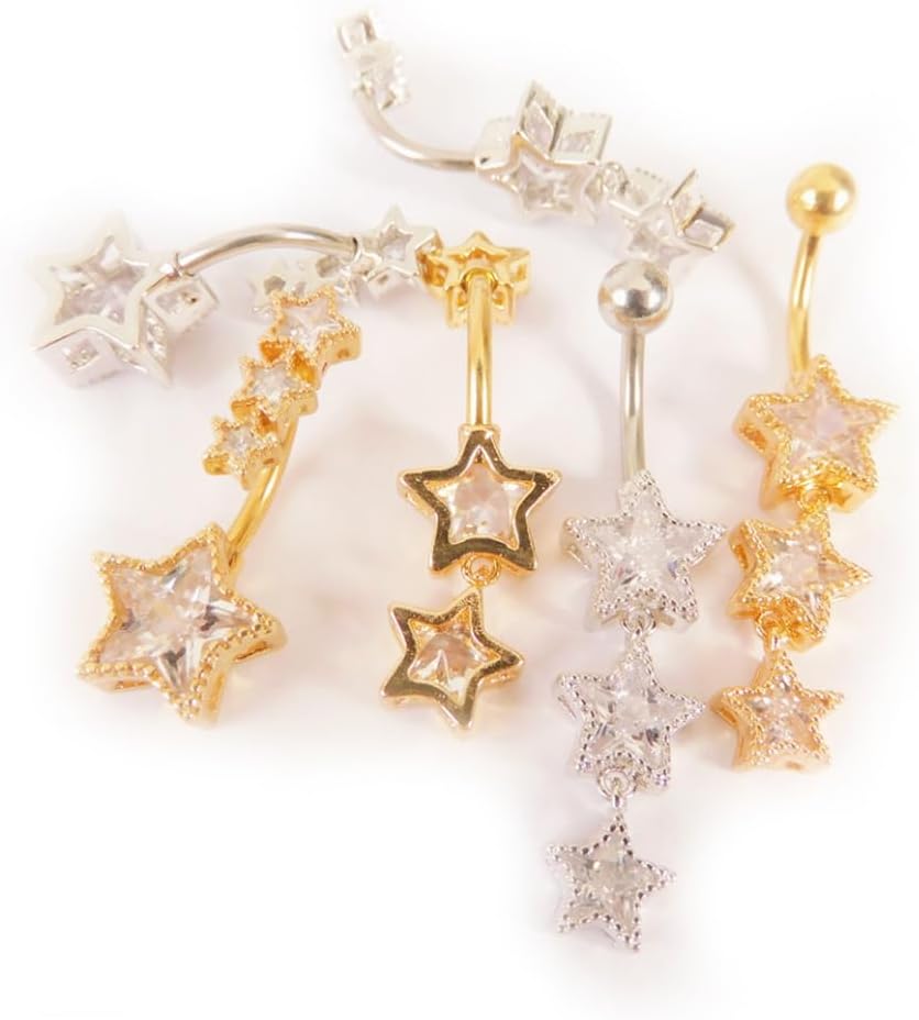 3Pcs 14G Stainless Steel Dangle Zirconia Heart Star Round Belly Navel Barbell Rings Belly - QIAO CrystalQIAO CrystalQIAO Crystal