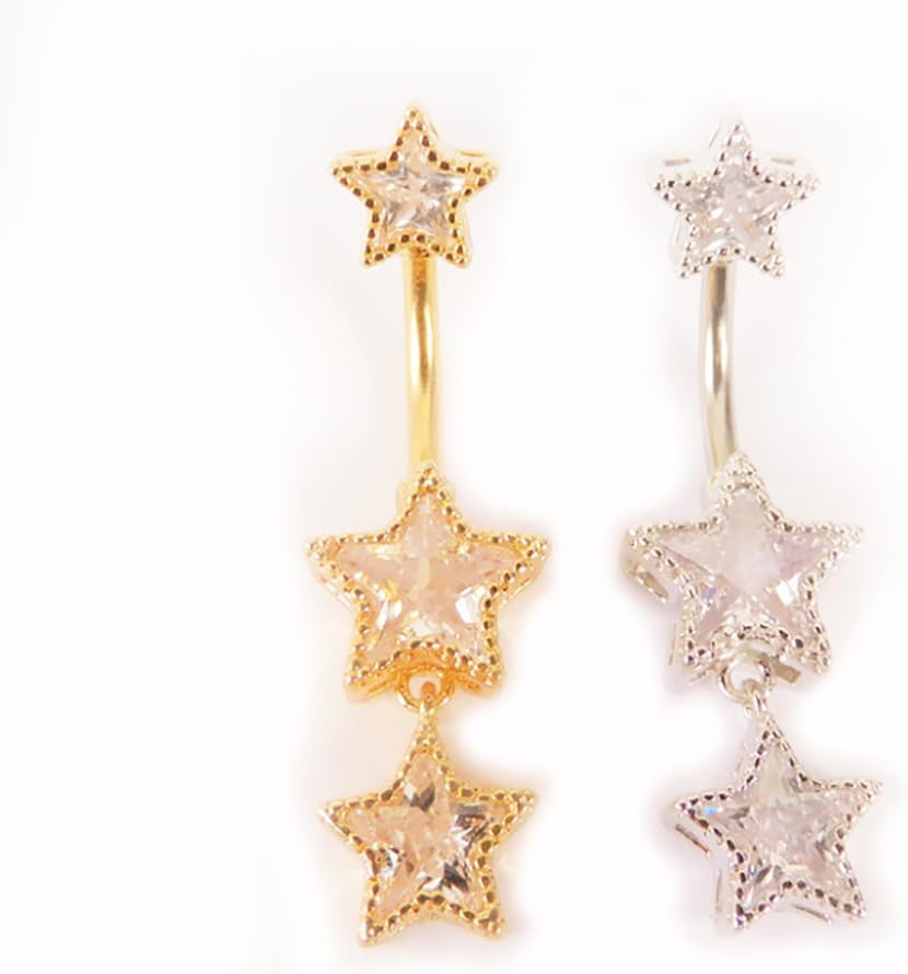 3Pcs 14G Stainless Steel Dangle Zirconia Heart Star Round Belly Navel Barbell Rings Belly - QIAO CrystalQIAO CrystalQIAO Crystal