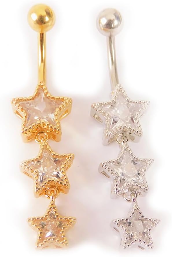 3Pcs 14G Stainless Steel Dangle Zirconia Heart Star Round Belly Navel Barbell Rings Belly - QIAO CrystalQIAO CrystalQIAO Crystal