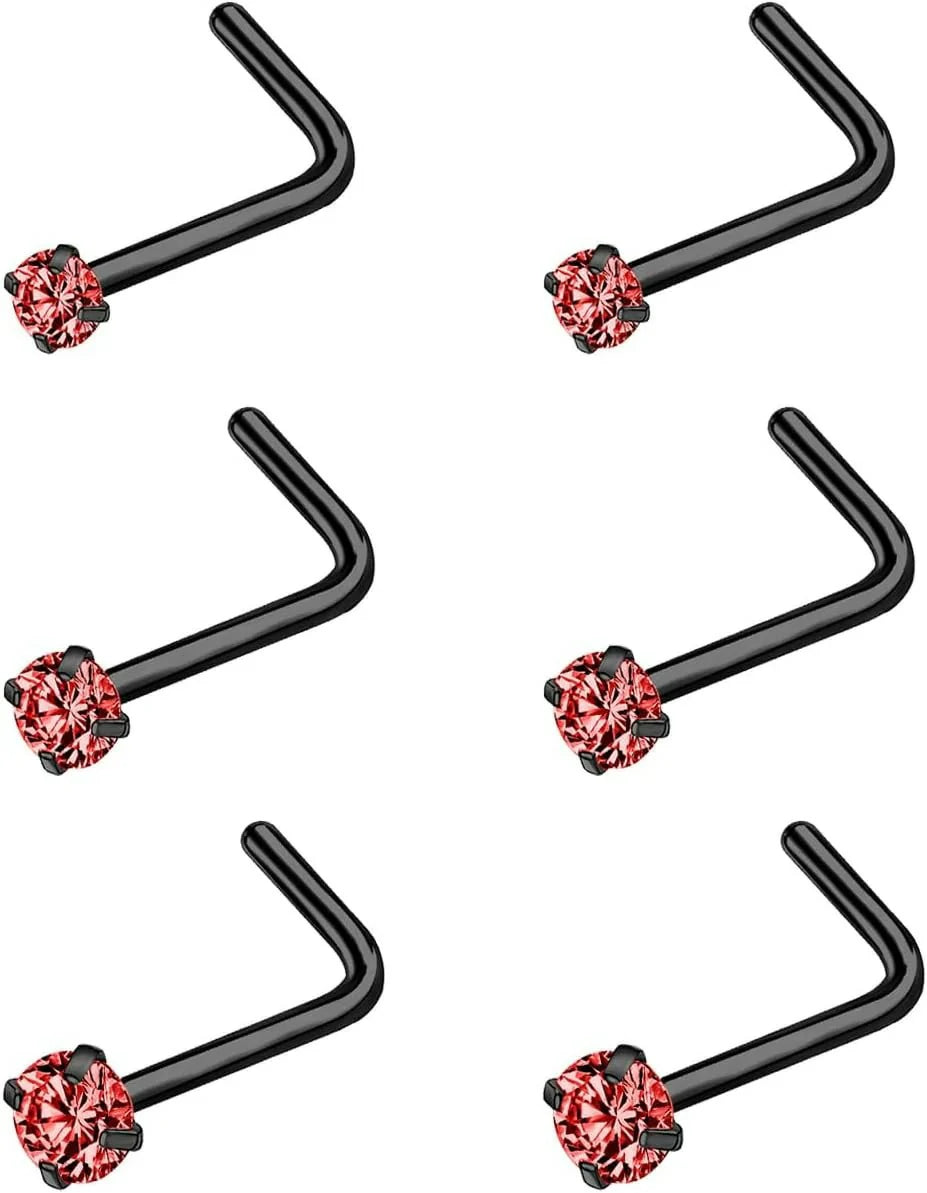 4-6pcs  CZ L Shaped Corkscrew Nose Ring Studs Small Cute Silver Rose Gold Black Nose