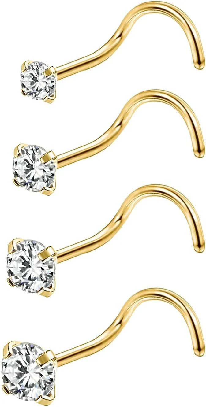 4-6pcs  CZ L Shaped Corkscrew Nose Ring Studs Small Cute Silver Rose Gold Black Nose