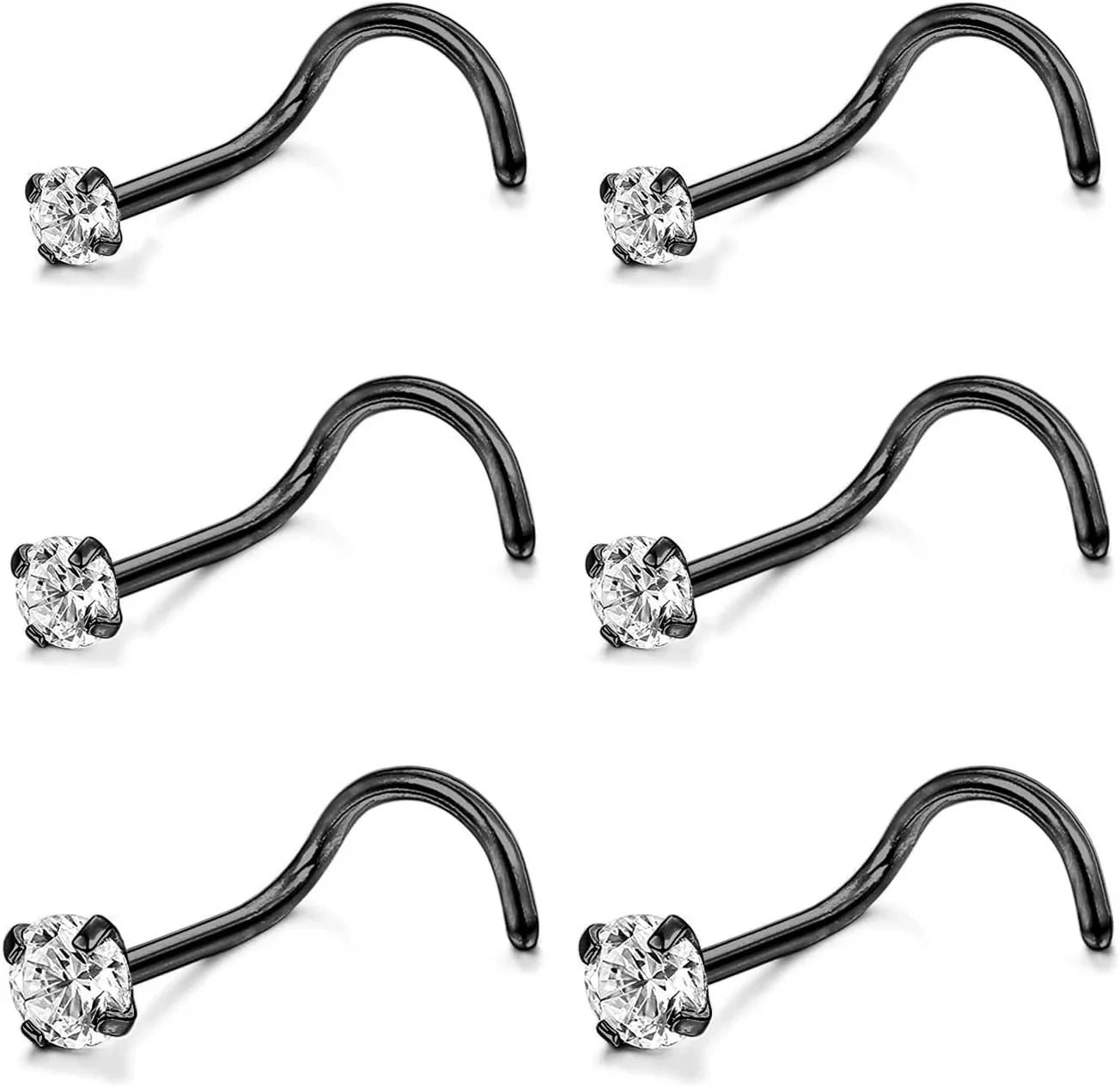 4-6pcs  CZ L Shaped Corkscrew Nose Ring Studs Small Cute Silver Rose Gold Black Nose