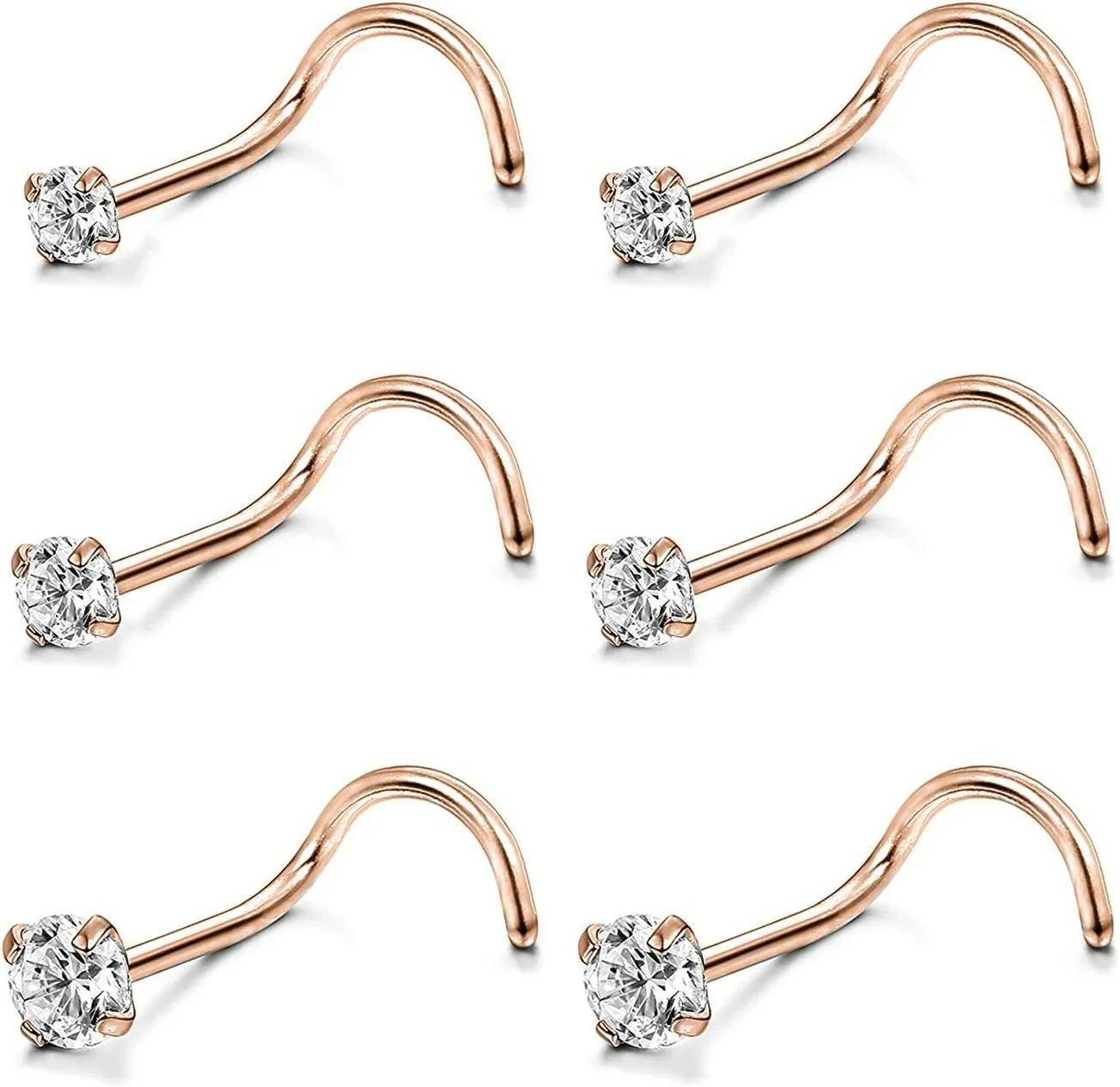 4-6pcs  CZ L Shaped Corkscrew Nose Ring Studs Small Cute Silver Rose Gold Black Nose