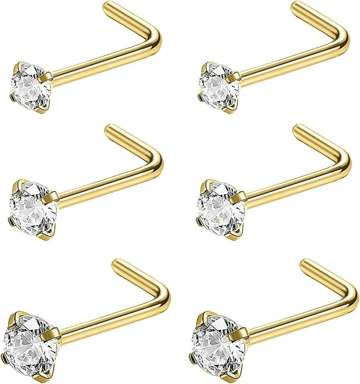 4-6pcs  CZ L Shaped Corkscrew Nose Ring Studs Small Cute Silver Rose Gold Black Nose