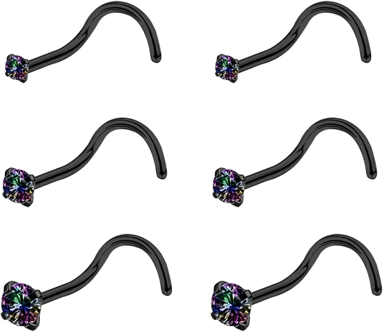 4-6pcs  CZ L Shaped Corkscrew Nose Ring Studs Small Cute Silver Rose Gold Black Nose