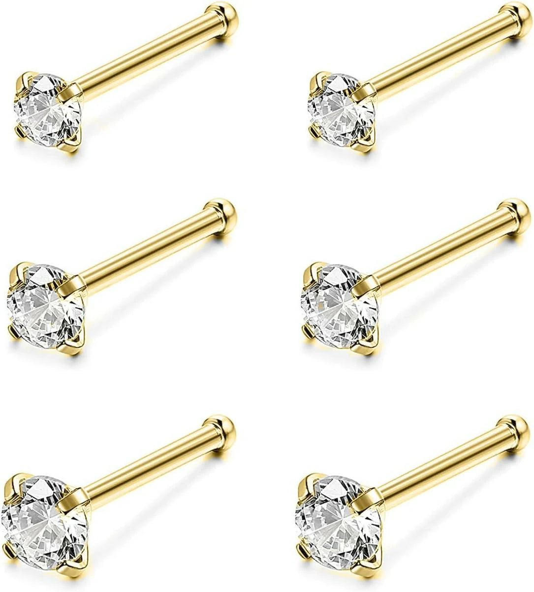 4-6pcs  CZ L Shaped Corkscrew Nose Ring Studs Small Cute Silver Rose Gold Black Nose