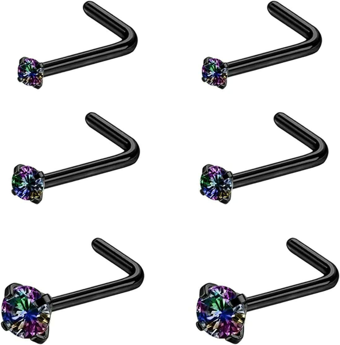 4-6pcs  CZ L Shaped Corkscrew Nose Ring Studs Small Cute Silver Rose Gold Black Nose