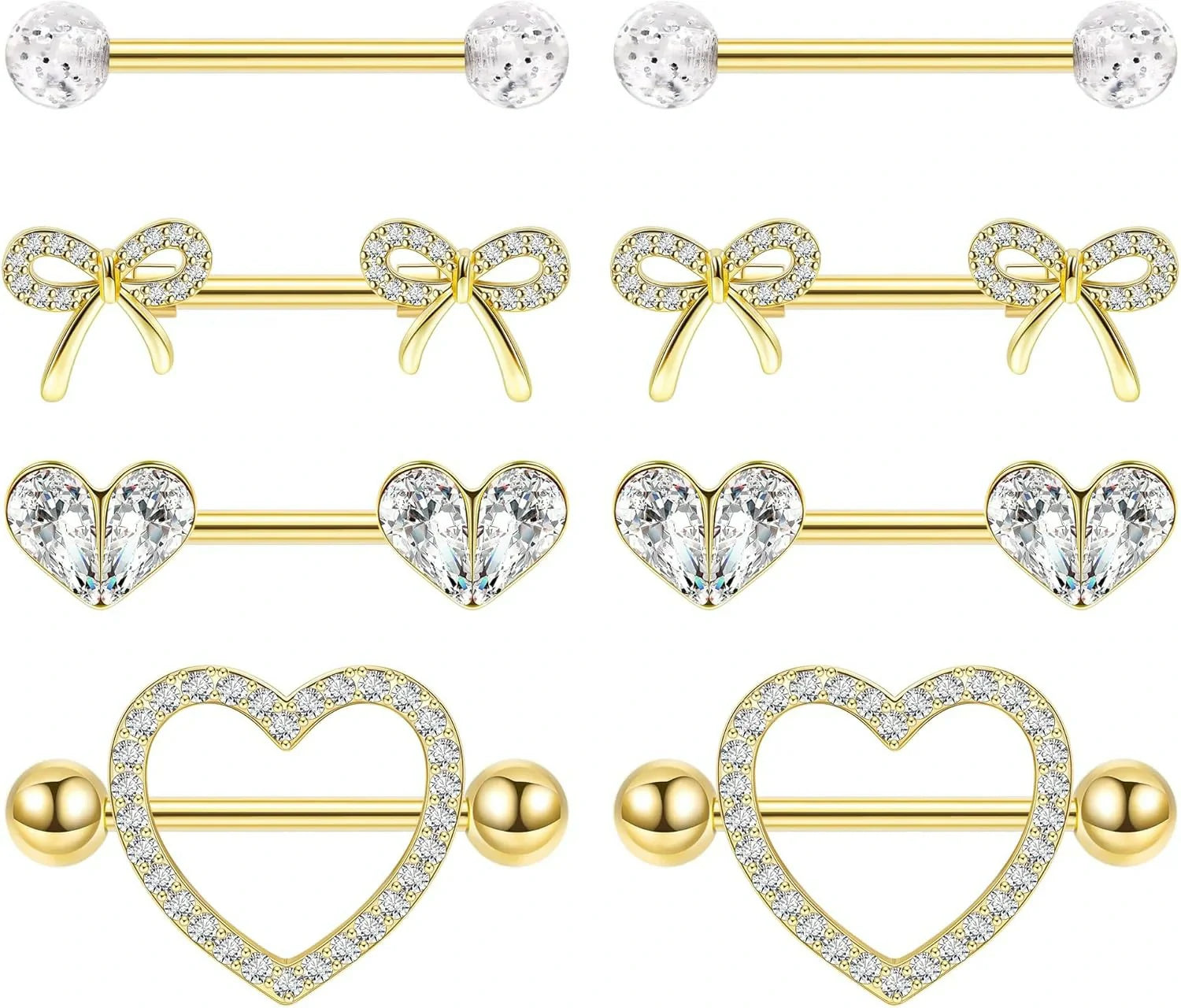 4 Pairs 14G G23 Titanium Nipple Rings for Women Heart Nipple Barbell Tongue Rings