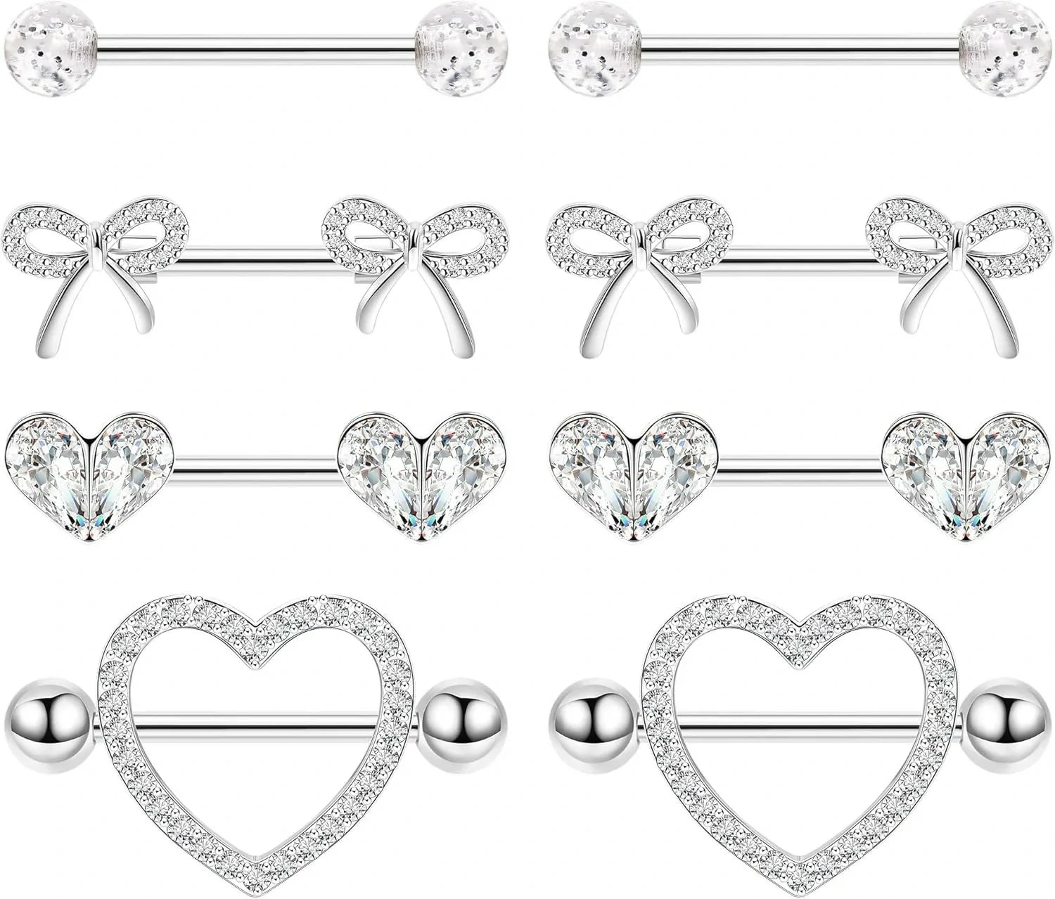 4 Pairs 14G G23 Titanium Nipple Rings for Women Heart Nipple Barbell Tongue Rings