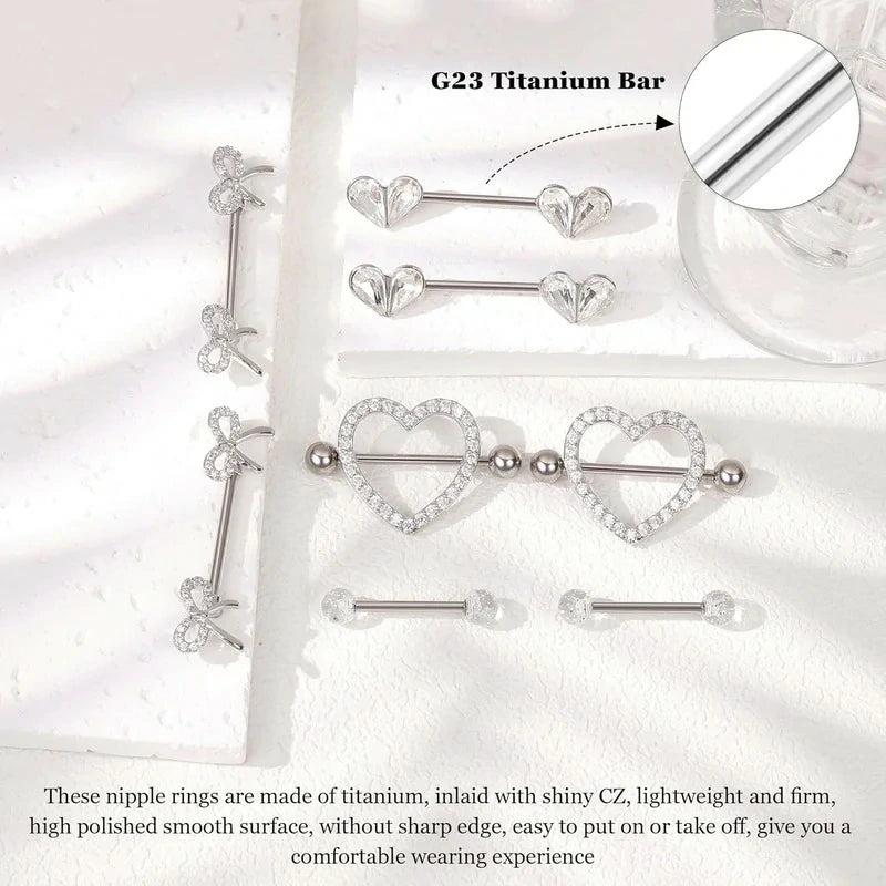 4 Pairs 14G G23 Titanium Nipple Rings for Women Heart Nipple Barbell Tongue Rings