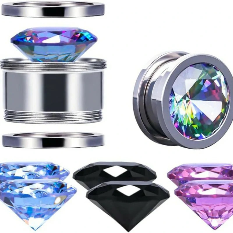 4 Pairs Color Zircons and 1 Pair Stainless Steel Ear Tunnel Ear Gauges Stretching Screw Fit