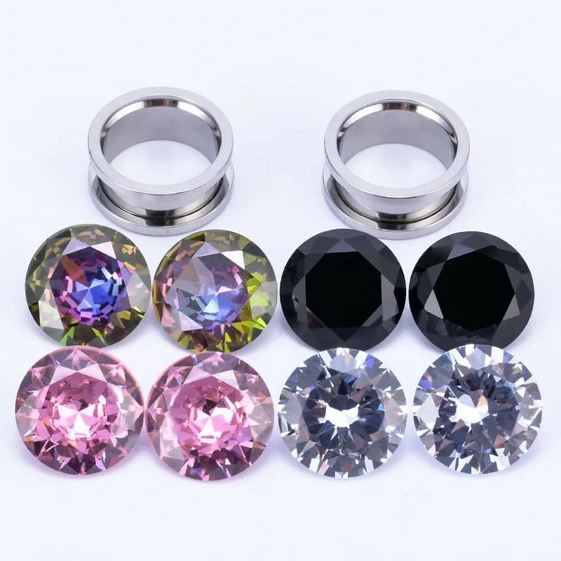 4 Pairs Color Zircons and 1 Pair Stainless Steel Ear Tunnel Ear Gauges Stretching Screw Fit