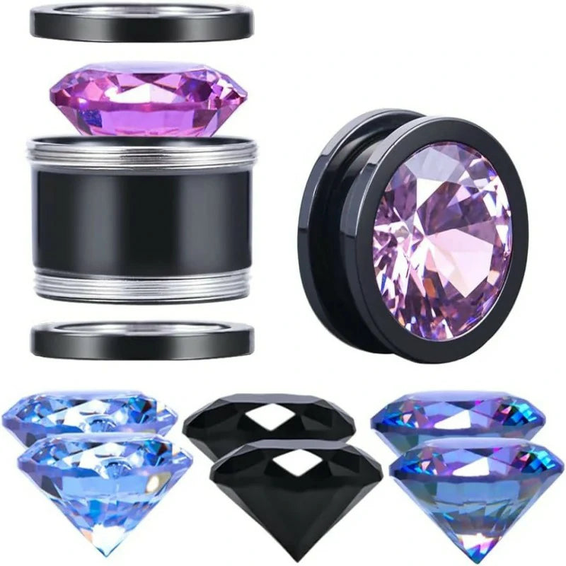 4 Pairs Color Zircons and 1 Pair Stainless Steel Ear Tunnel Ear Gauges Stretching Screw Fit