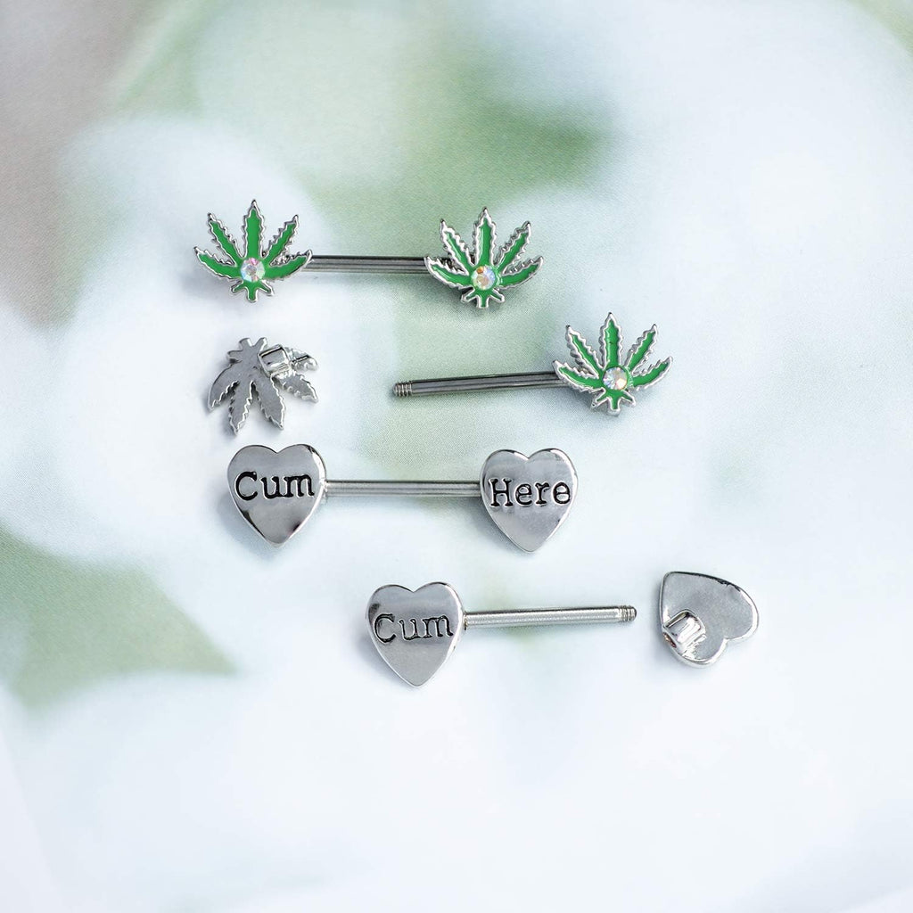 4 Pcs 14G Marijuana Leaf Nipple Rings Surgical Steel and Letter Letter Set Nipple Barbell for Women Men Body Piercing - QIAO CrystalQIAO CrystalQIAO Crystal