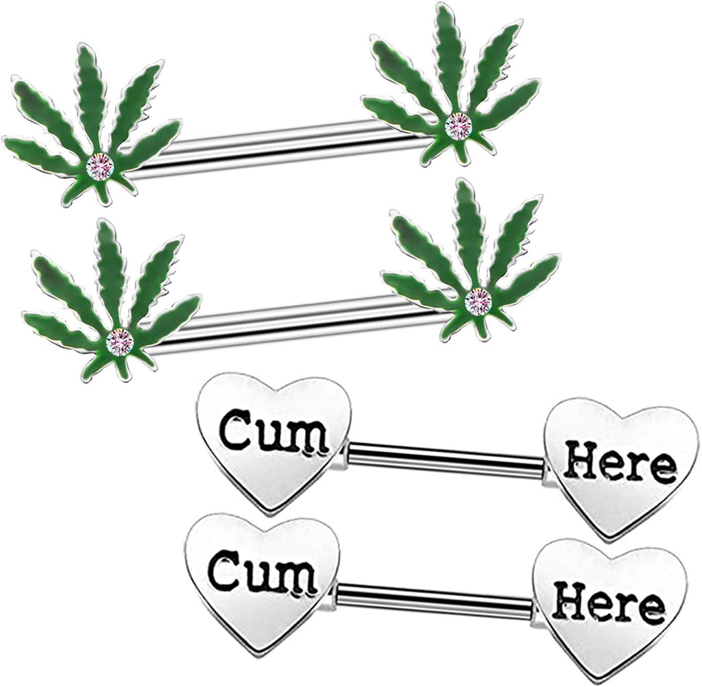 4 Pcs 14G Marijuana Leaf Nipple Rings Surgical Steel and Letter Letter Set Nipple Barbell for Women Men Body Piercing - QIAO CrystalQIAO CrystalQIAO Crystal