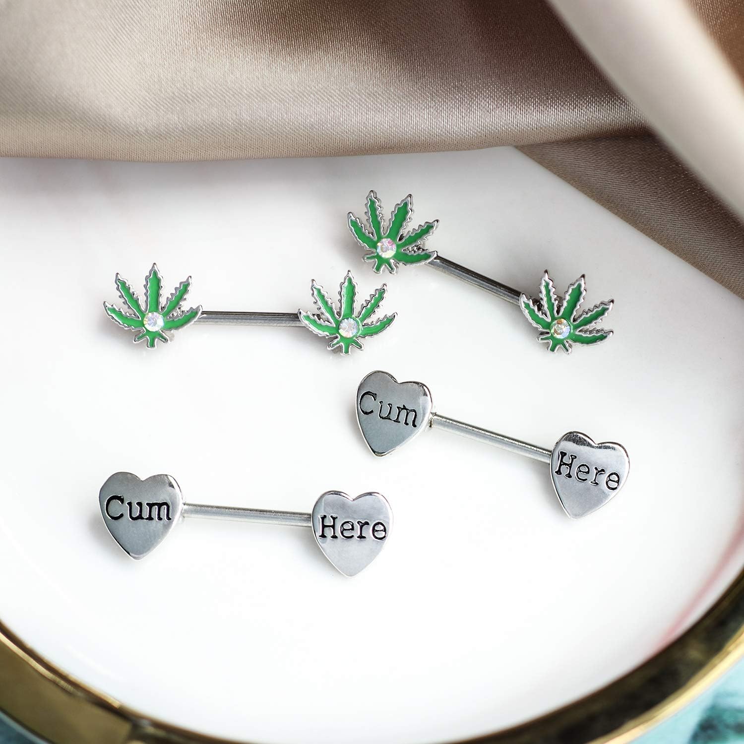 4 Pcs 14G Marijuana Leaf Nipple Rings Surgical Steel and Letter Letter Set Nipple Barbell for Women Men Body Piercing - QIAO CrystalQIAO CrystalQIAO Crystal
