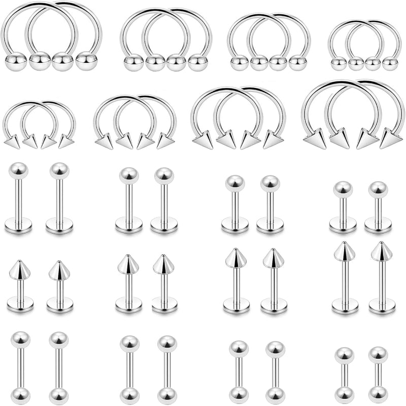 40Pcs 16G Lip Rings Surgical Steel Snake Bite Jewelry Labret Monroe Barbell Daith Tragus Helix Piercing Nose Septum Jewelry for Women Men 6mm/8mm/10mm/12mm - QIAO CrystalQIAO CrystalQIAO Crystal
