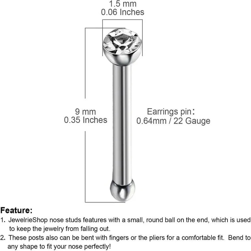 40pcs Nose Studs Stainless Steel CZ Nose Rings Pins Piercing Jewelry Bone Studs