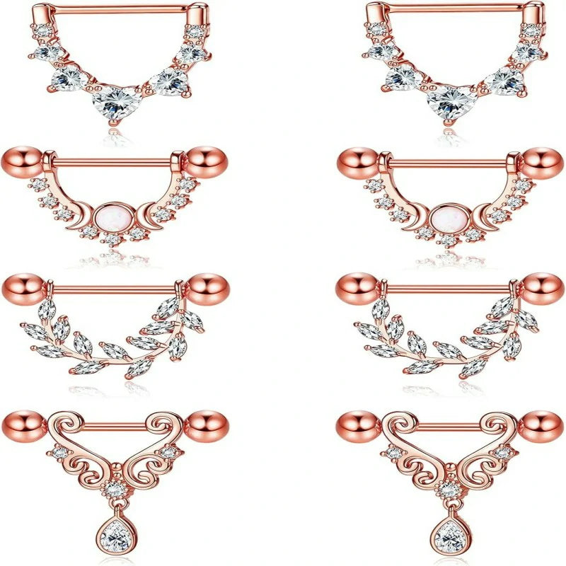 4 Pairs 14G 316L Stainless Steel Heart Teardrop Moon Star Opal Leaf CZ Barbell Nipple Rings Set